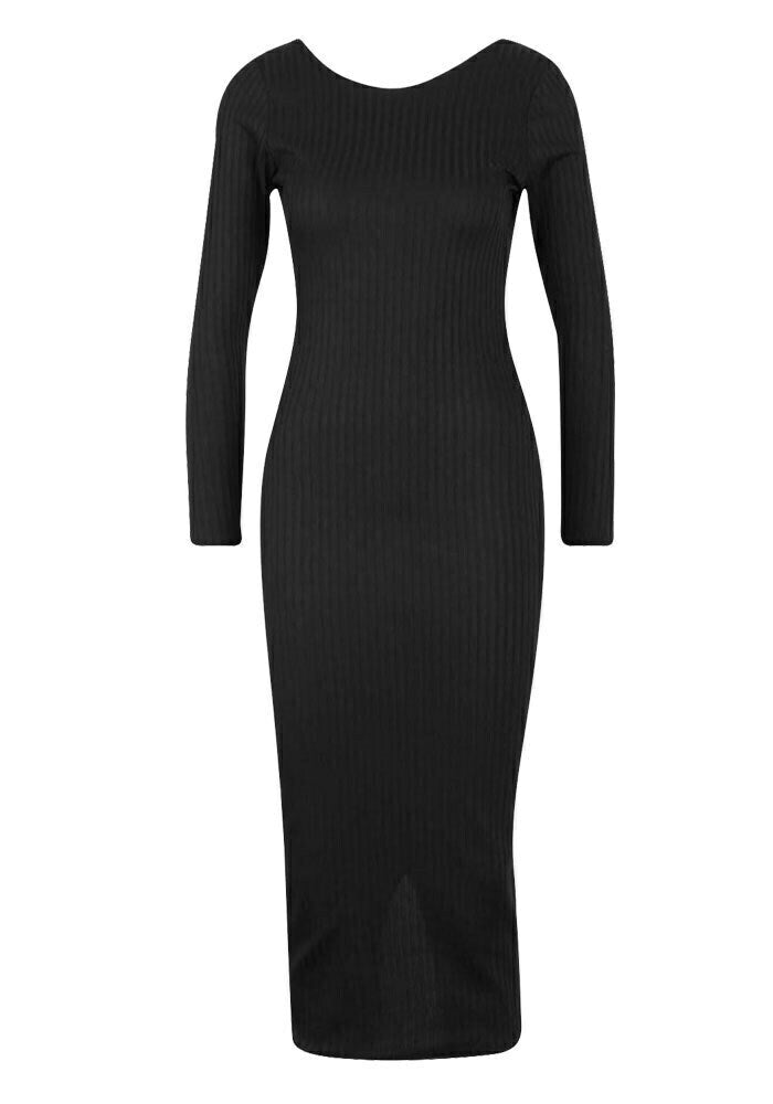 Vestido Feminino Midi Costas Nua Manga Longa Canelado Preto