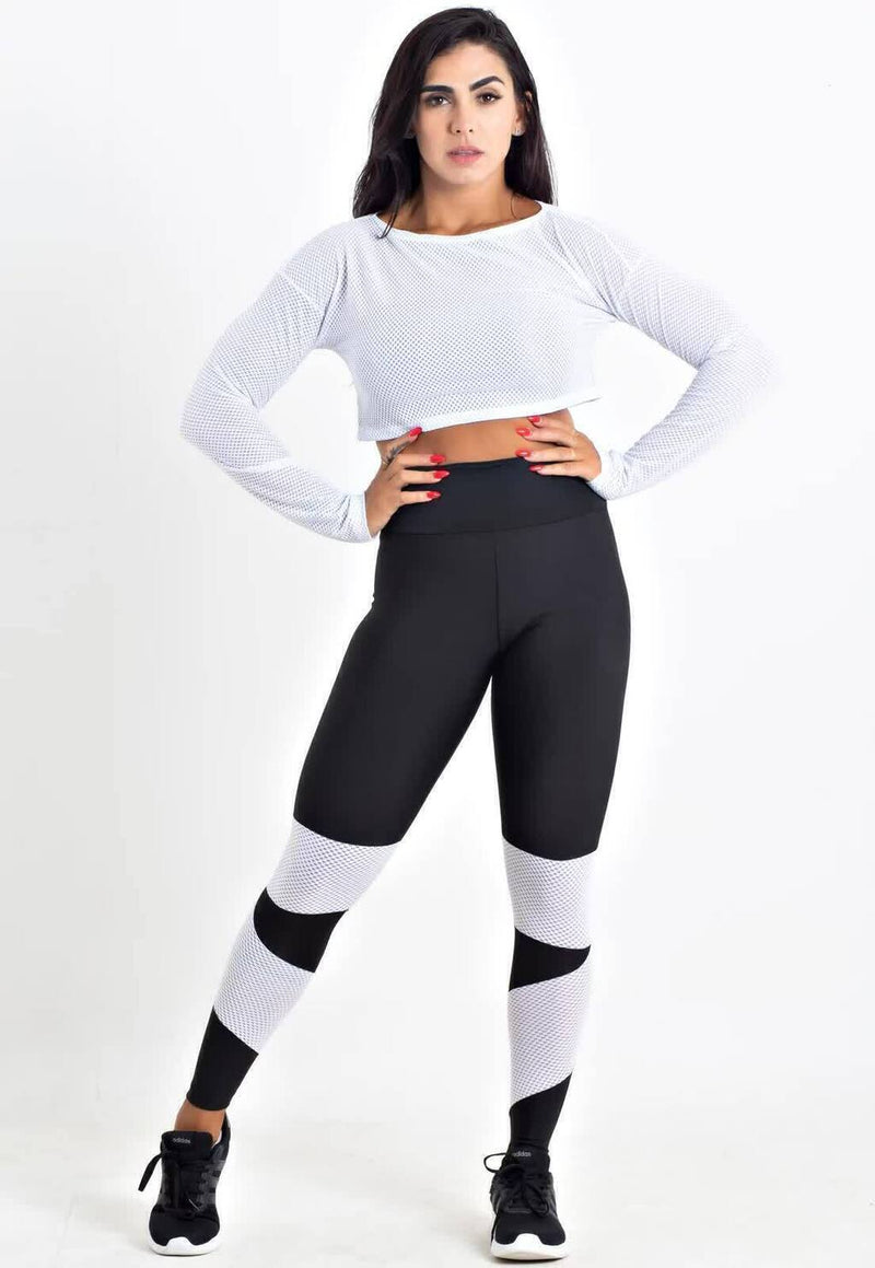 Conjunto Feminino Fitness Cropped Tela Manga Longa e Calça Legging Branca