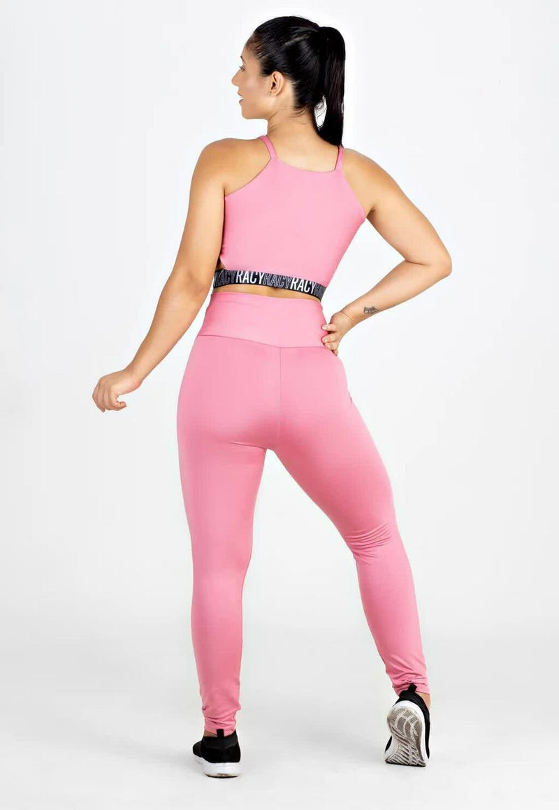 Conjunto Fitness Feminino Cropped Alcinha Rosa Elástico Preto + Calça Legging Cintura Alta Rosa Elástico Preto