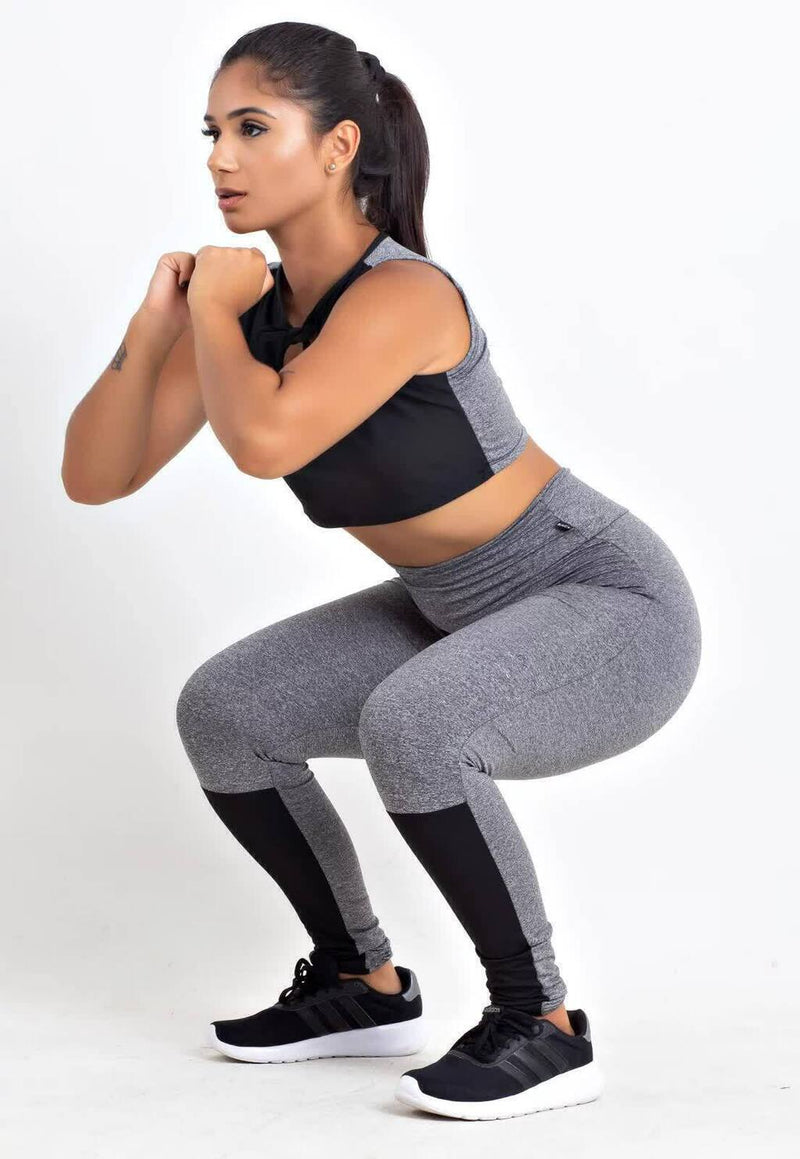 Cropped Mescla e Calça Legging Mescla Detalhe Preto Conjunto Fitness