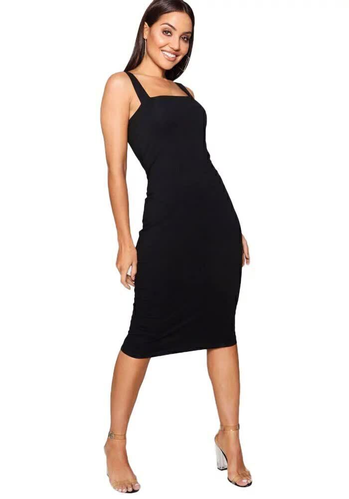 Vestido Feminino Midi Tubinho Com Alcinha Preto