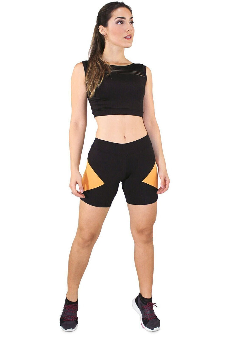 Conjunto Feminino Cropped Regata Preto e Short Preto Com Detalhe Em Amarelo