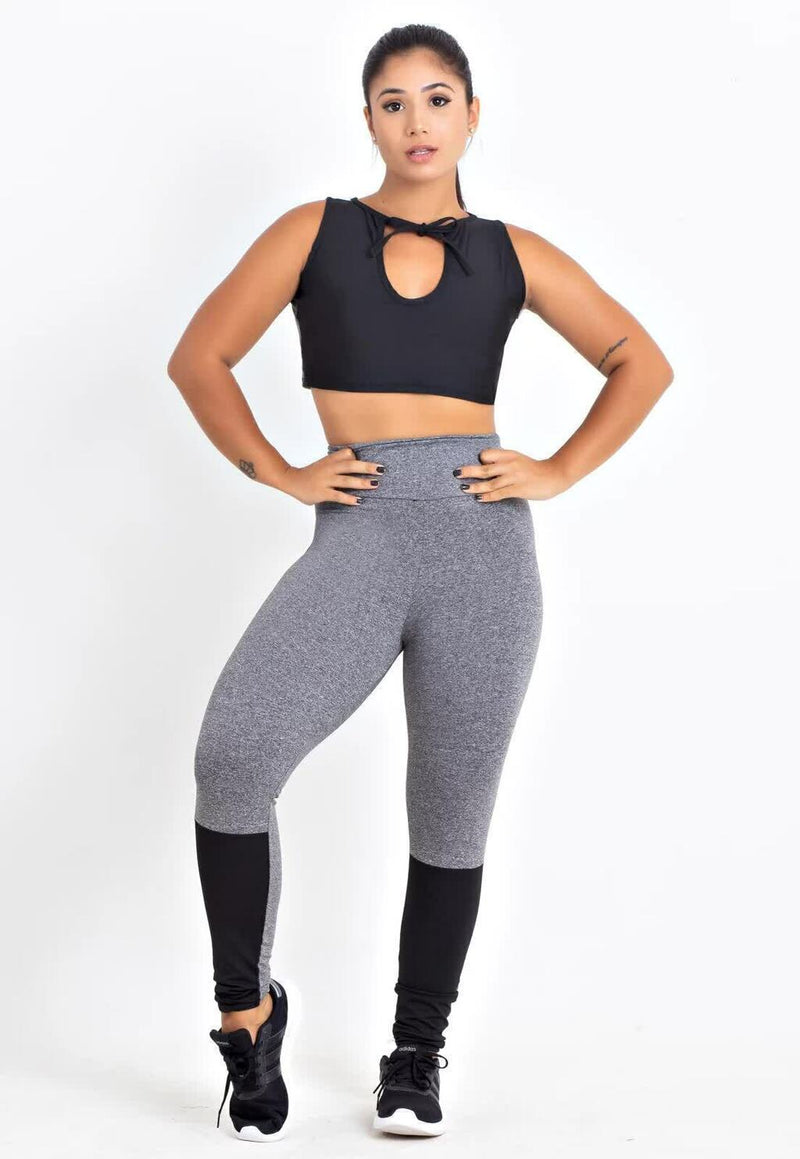 Cropped Mescla e Calça Legging Mescla Detalhe Preto Conjunto Fitness