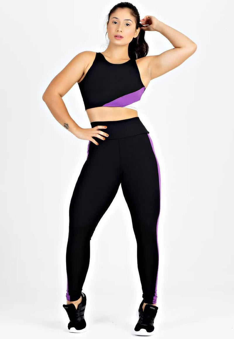 Conjunto Fitness Feminino Cropped Preto Detalhe Roxo e Branco + Calça Legging Cintura Alta Preta Faixa Roxa e Branca