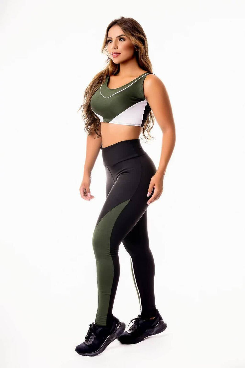 Conjunto Fitness Feminino Cropped Verde Militar E Branco + Calça Legging Cintura Alta Preta Detalhes Em Verde Militar e Branco