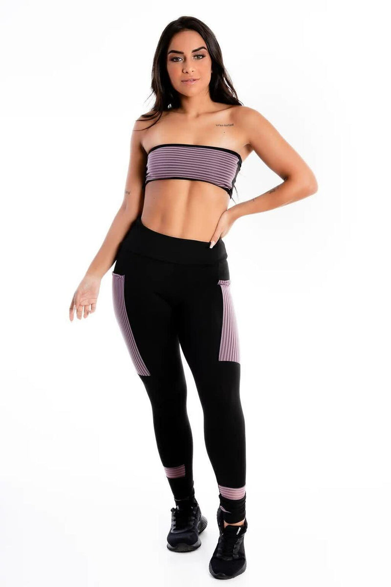 Conjunto Fitness Feminino Top Tomara Que Caia Roxo e Preto + Calça Legging Preta Com Bolso Roxo&nbsp;