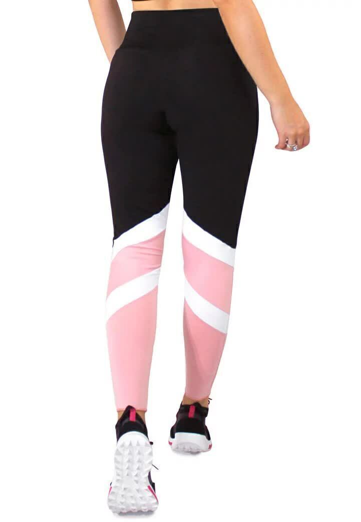 Calça Legging Feminina Cintura Alta Preta Detalhe Em Rosa e Branco