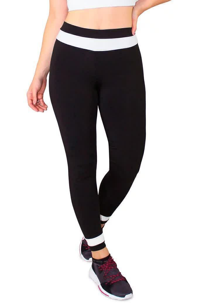 Calça Legging Feminina Cintura Alta Preta Detalhe Em Faixa Branca