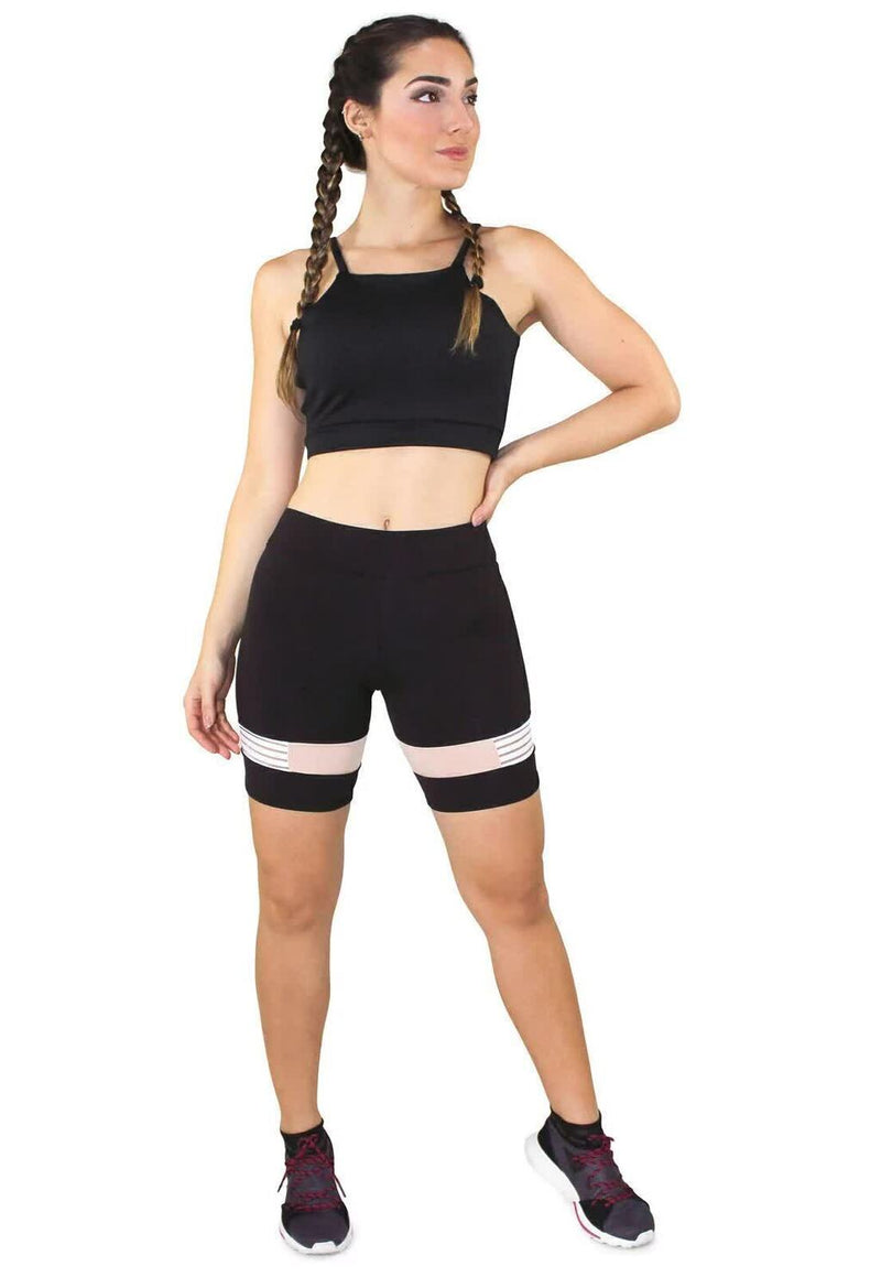 Conjunto Feminino Cropped Preto Alçinha e Short Preto Detalhe Rose