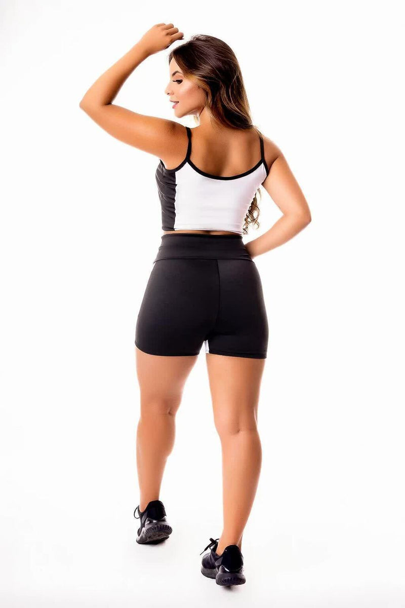 Conjunto Feminino Cropped Branco e Preto Alcinha e Short Curto Cintura Alta Preto e Branco