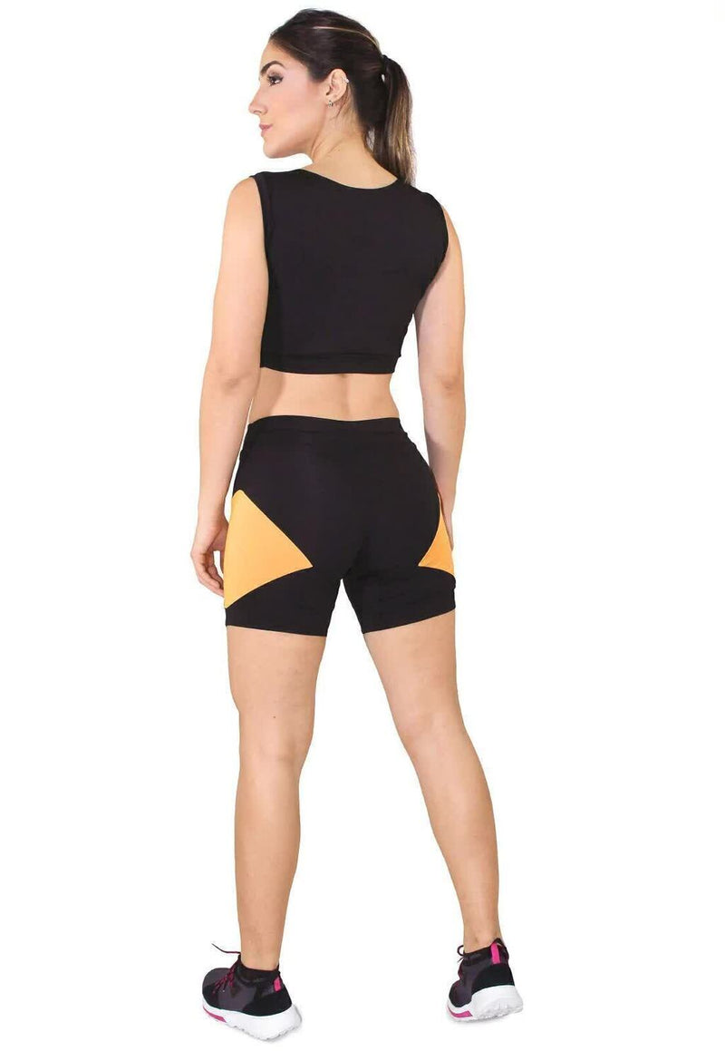 Conjunto Feminino Cropped Regata Preto e Short Preto Com Detalhe Em Amarelo