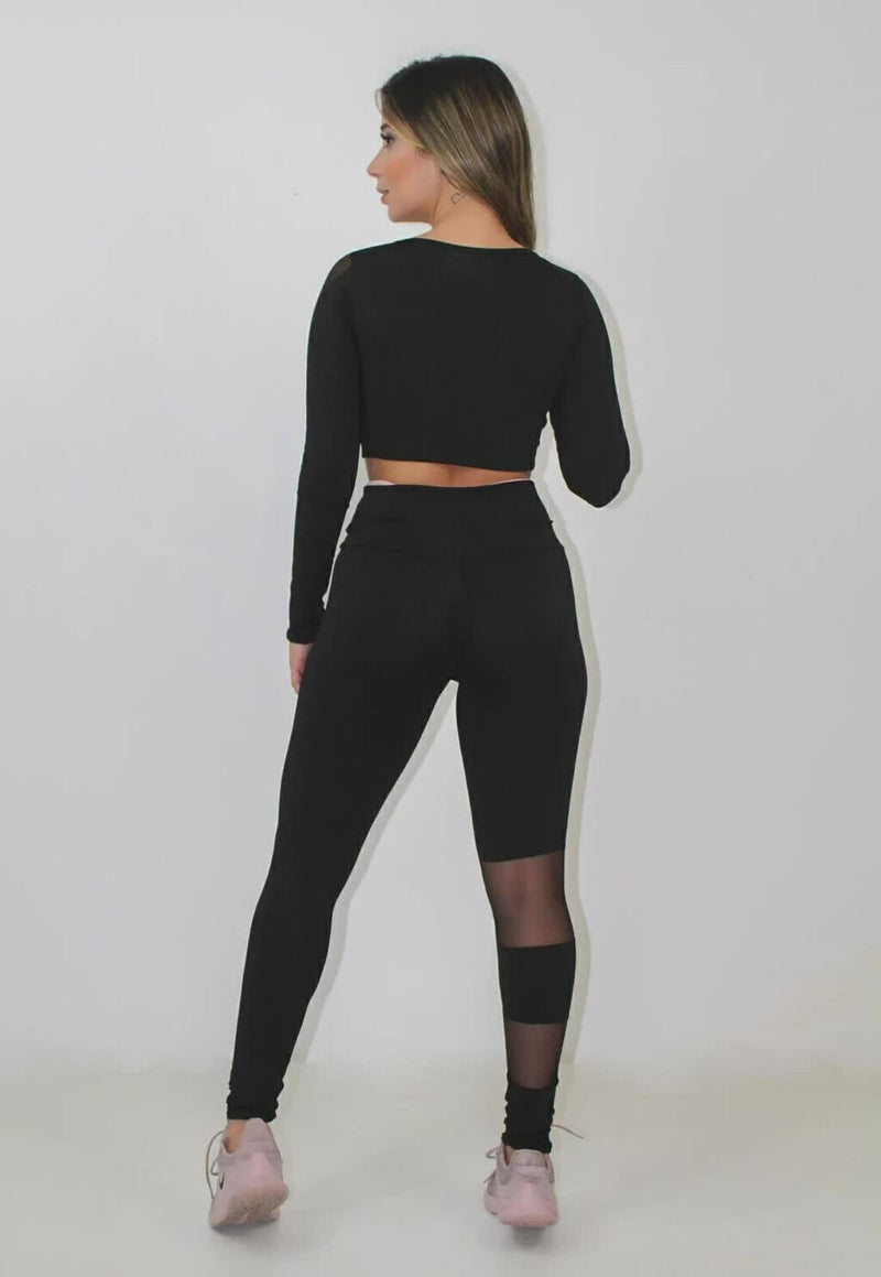 Conjunto Fitness Feminino Cropped Manga Longa Detalhe Em tule + Calça Legging Cintura Alta Detalhe Em Tule Preto