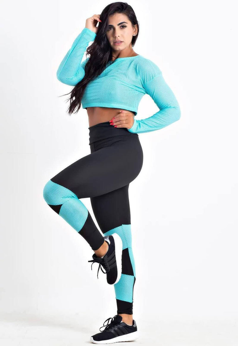 Conjunto Feminino Fitness Cropped Tela Mnaga Longa e Calça Legging Turquesa