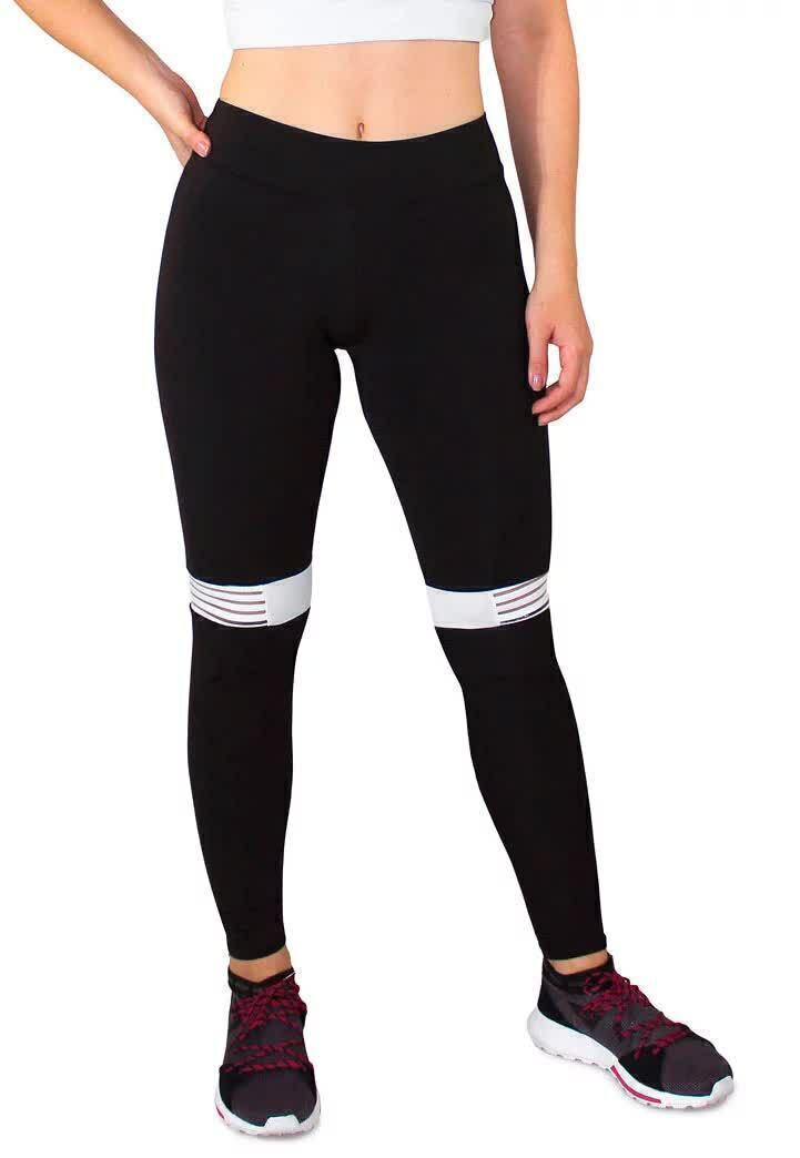 Calça Legging Feminina Fitness Preta com Detalhe Branco