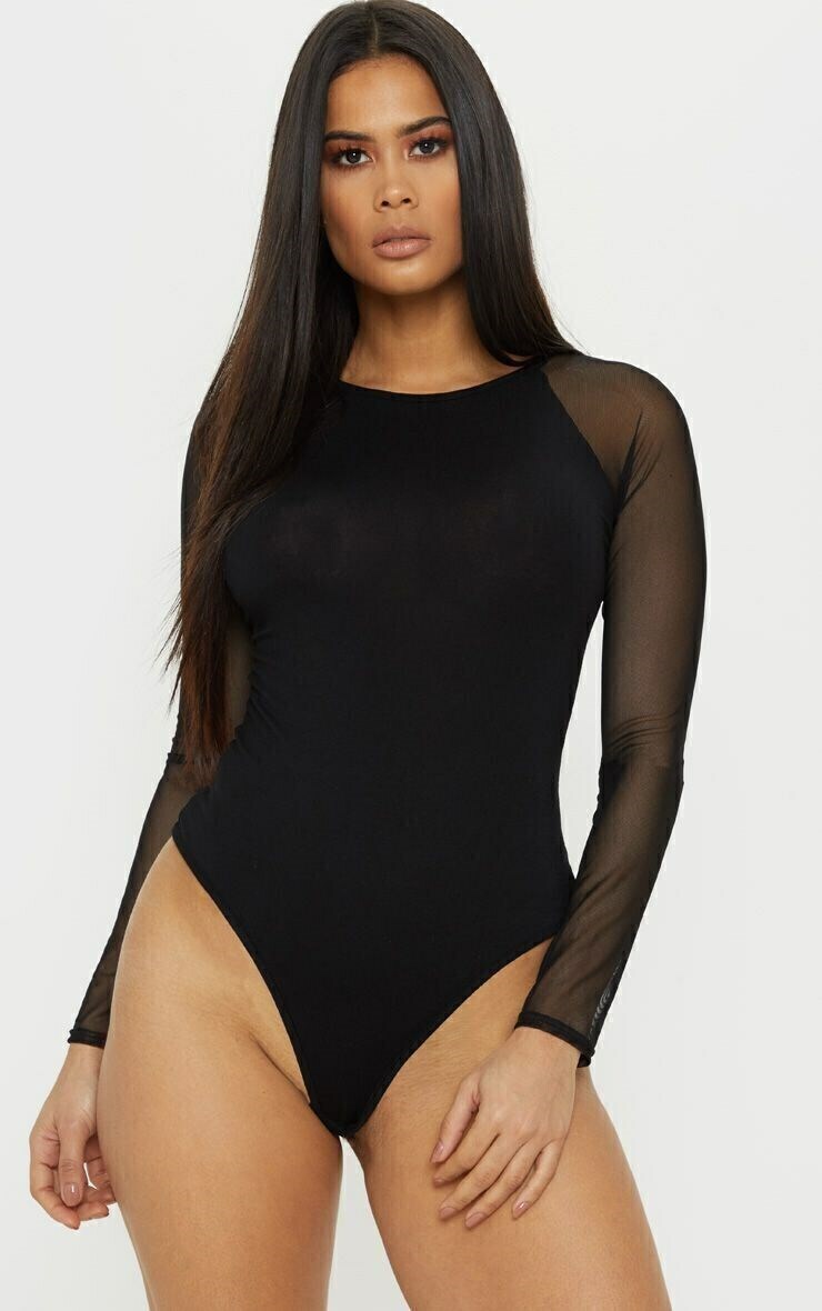 Body Feminino Manga Longa Detalhe Em Tule Preto