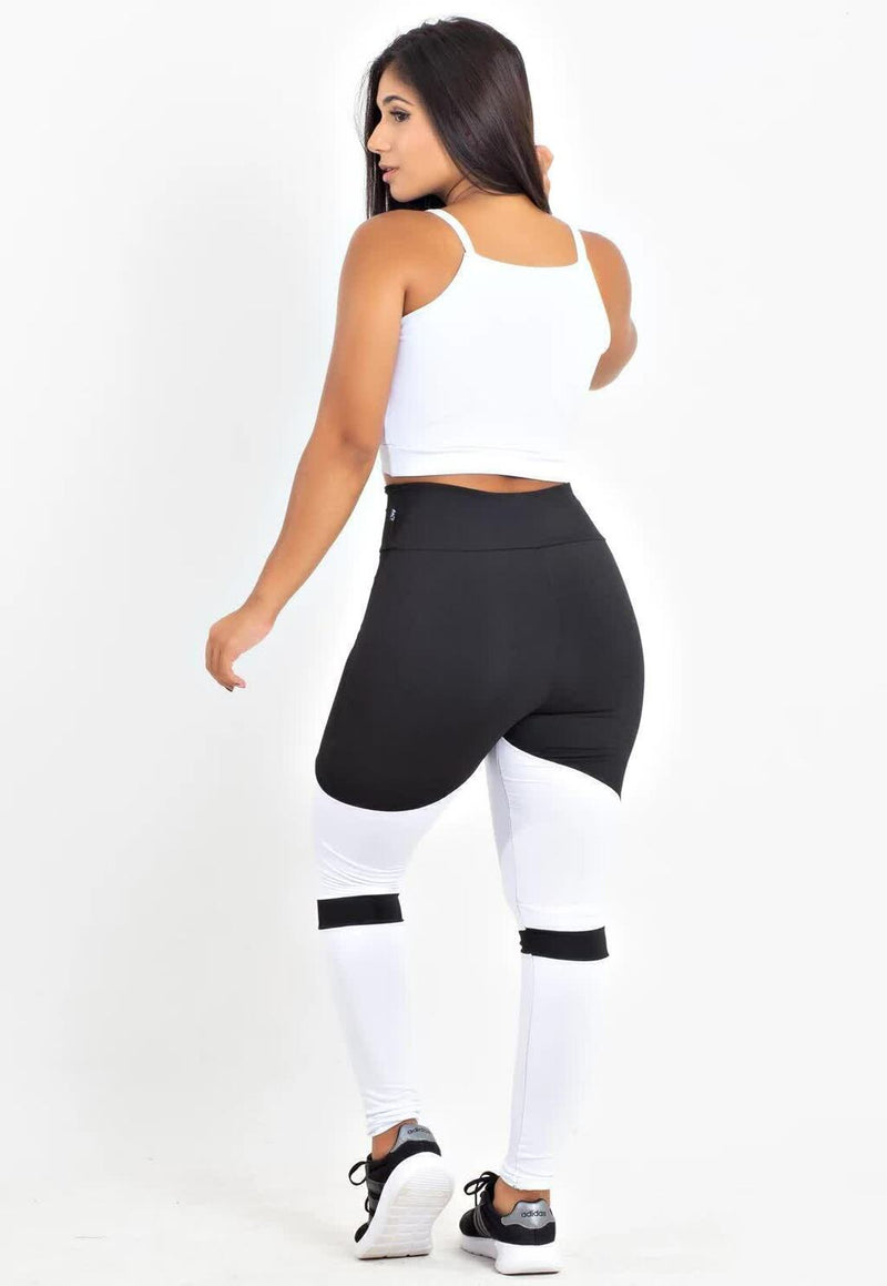 Conjunto Fitness Feminino Cropped Alcinha Branco + Calça Legging Cintura Alta Preto e Branco