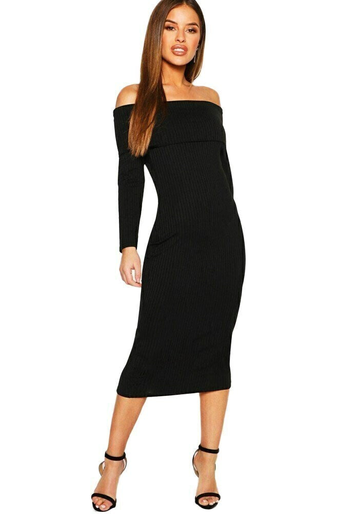 Vestido Feminino Midi Ombro a Ombro Manga Longa Canelado Preto