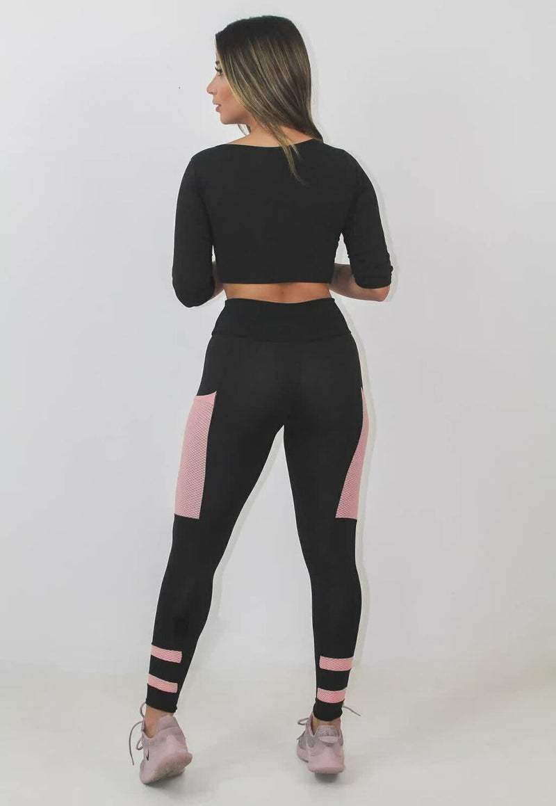 Conjunto Fitness Feminino Cropped&nbsp; Manga Longa Preto e Rosa + Calça Legging Cintura Alta Preta Detalhe Rosa