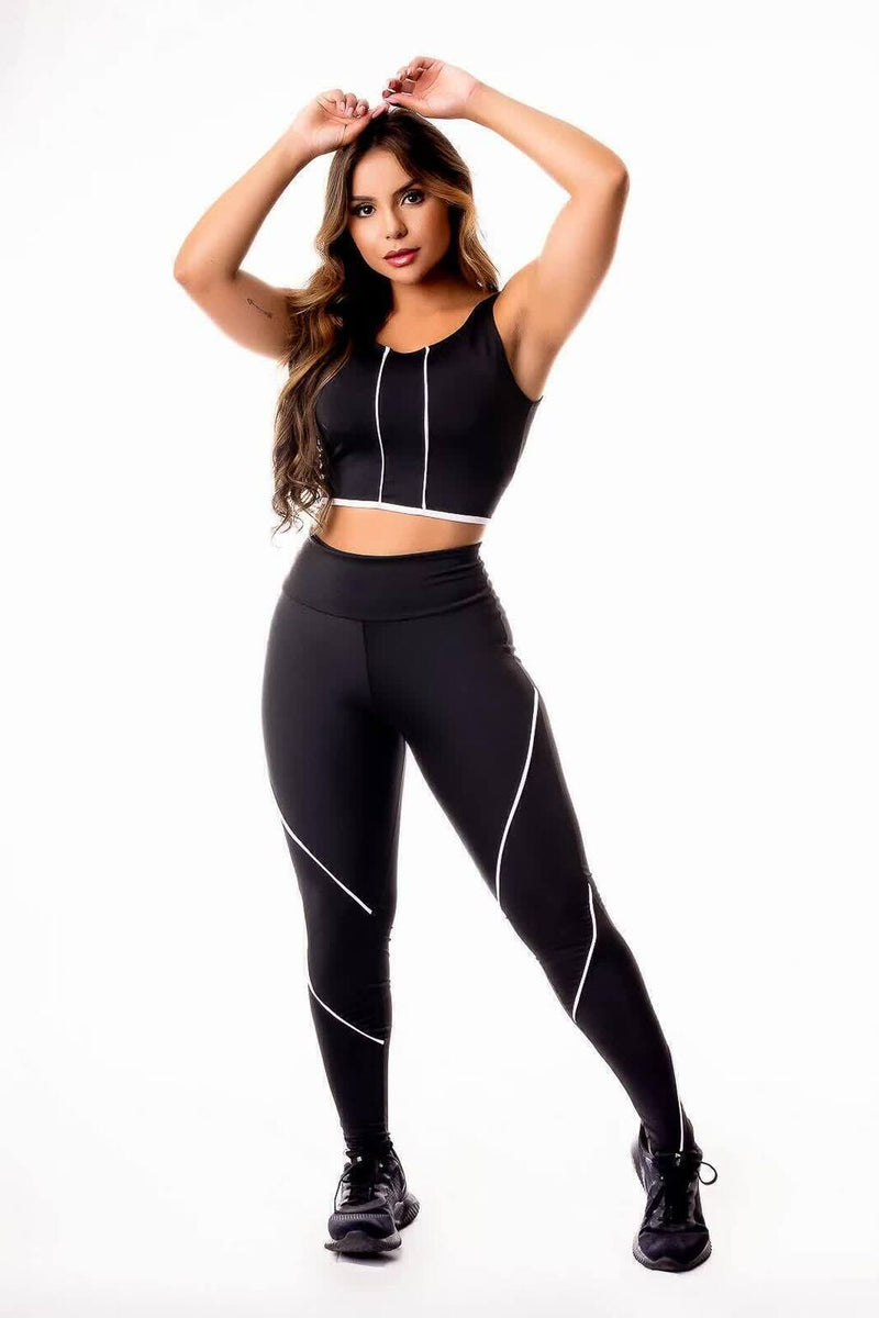 Conjunto Fitness Feminino Cropped Preto Detalhe Listra Branca + Calça Legging Cintura Alta Preta Detalhe Listra Branca&nbsp;