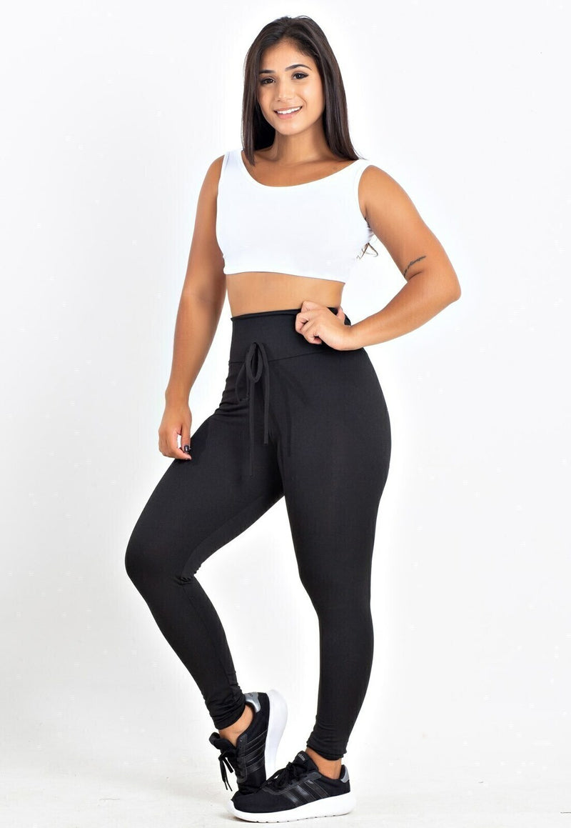 Conjunto Feminino Fitness Cropped Branco e Calça Legging Preta Cadarço Falso