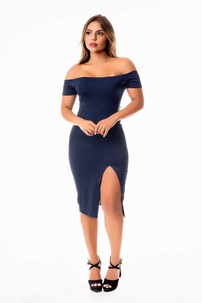 Vestido Feminino Midi Ombro a Ombro Com Fenda Lateral Azul