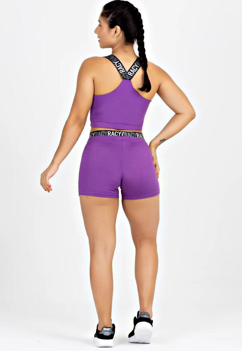 Conjunto Feminino Cropped Roxo Alça Cruzada e Short Curto Roxo Elástico Detalhado