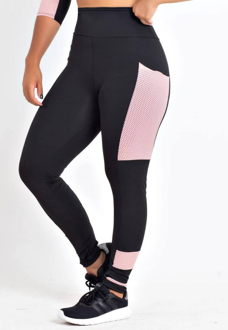 Calça Legging Feminina Cintura Alta Preta Com Detalhes e Bolso Em Tela Rosa