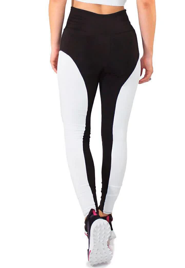 Calça Legging Feminina Cintura Alta Preta Detalhe Lateral Em Branco