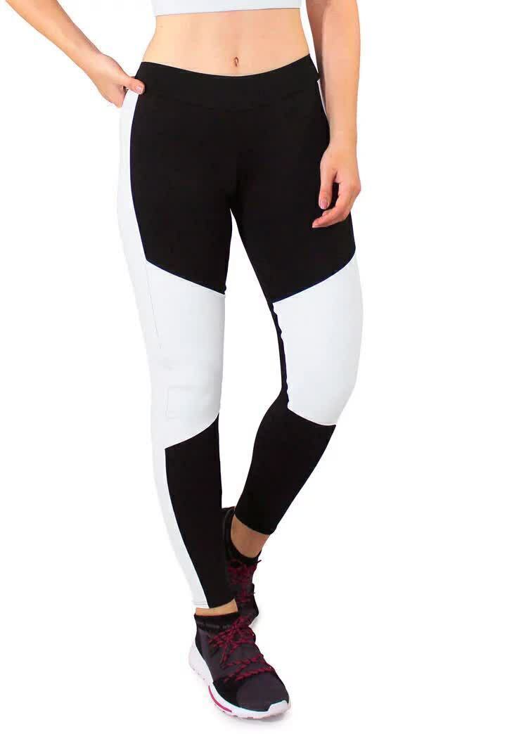 Calça Legging Feminina Cintura Alta Preta Detalhe Em Branco