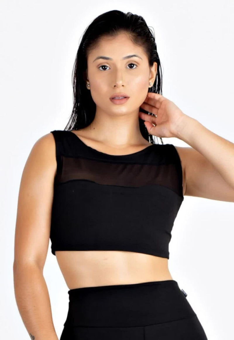 Preto Transparencia Cropped Fitness Feminino