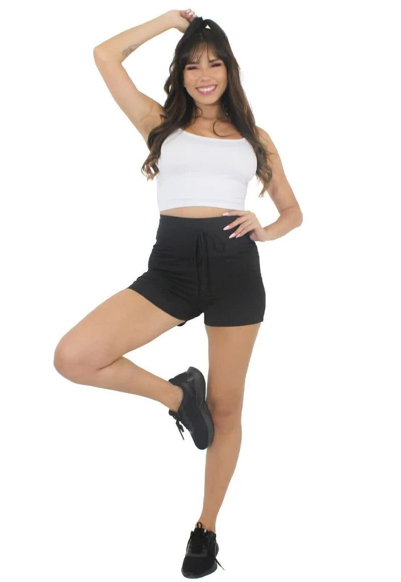 Conjunto Fitness Short Preto Liso com Cadarço e Cropped Branco