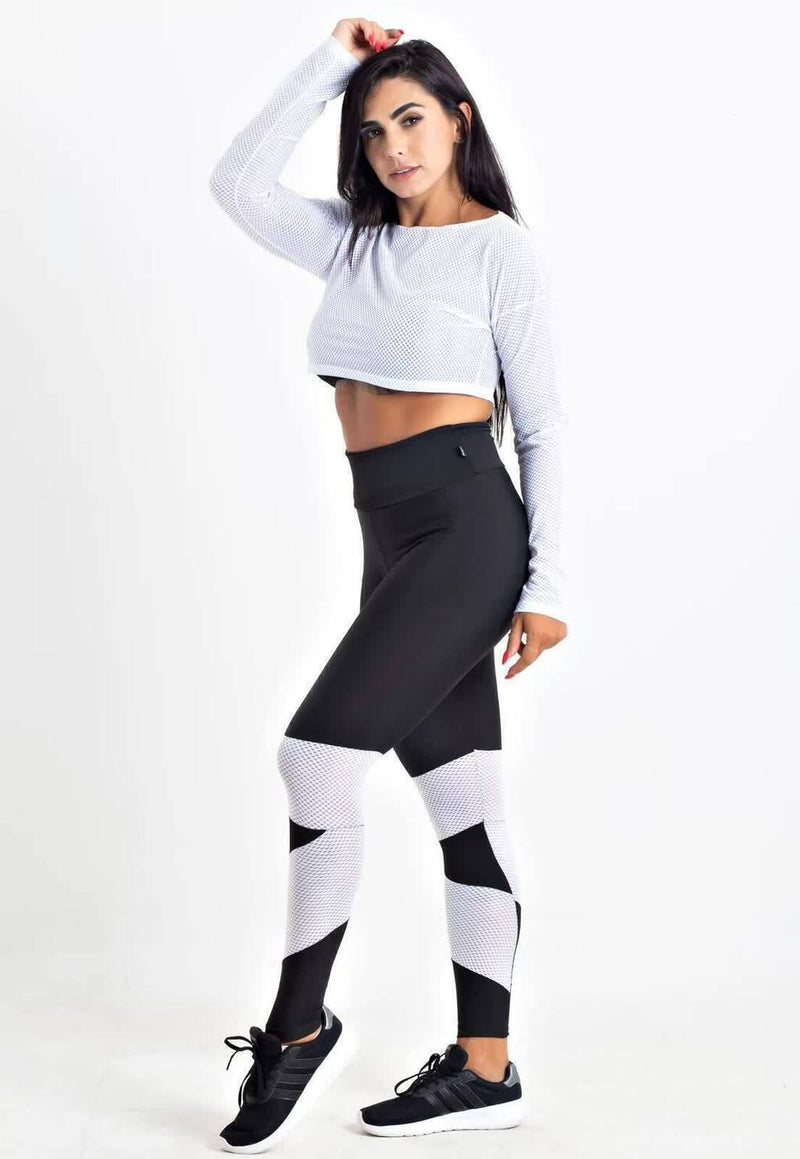 Conjunto Feminino Fitness Cropped Tela Manga Longa e Calça Legging Branca