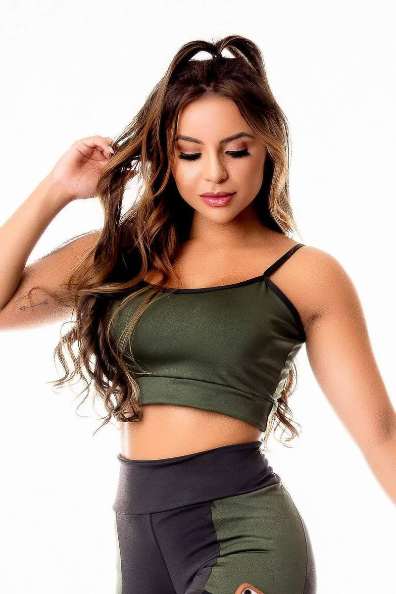 Top Fitness Academia Verde Militar com Viés Preto Cropped