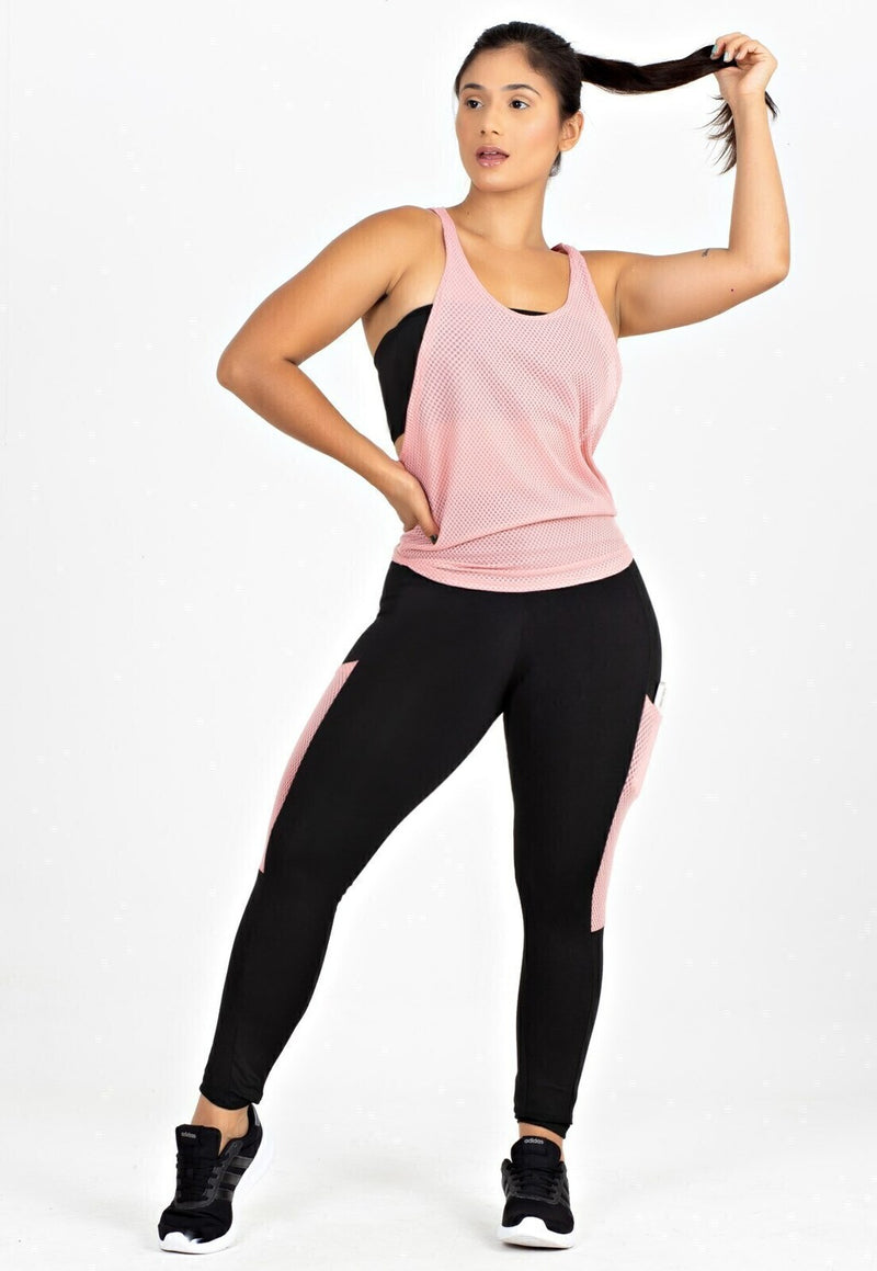 Conjunto Feminino Fitness Regata Tela Rosa Com Top Tomara que Caia e Calça Legging Com Bolso