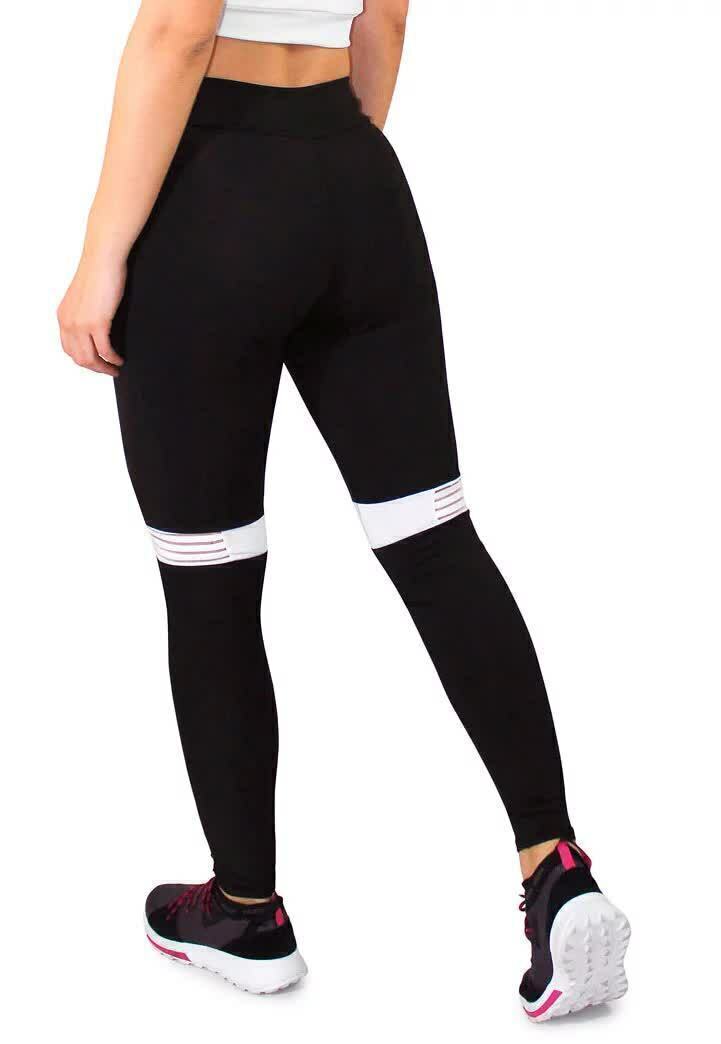 Calça Legging Feminina Fitness Preta com Detalhe Branco