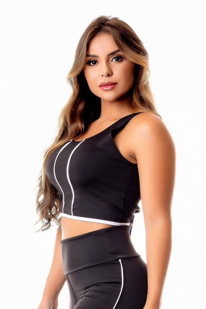 Top Fitness Academia Preto com Branco Cropped