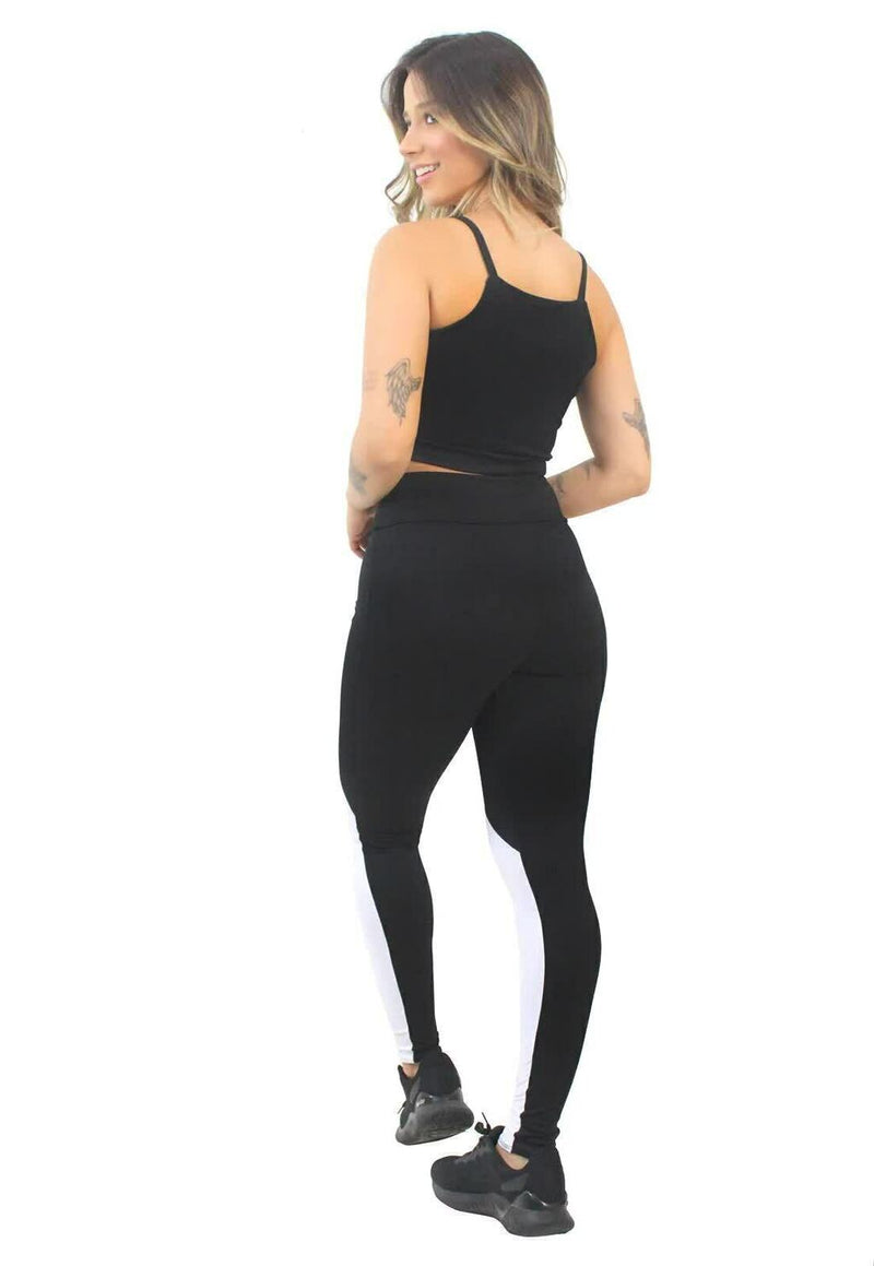 Conjunto Fitness Feminino Cropped Alcinha Preto + Calça Legging Cintura Alta Preta Detalhe Branco