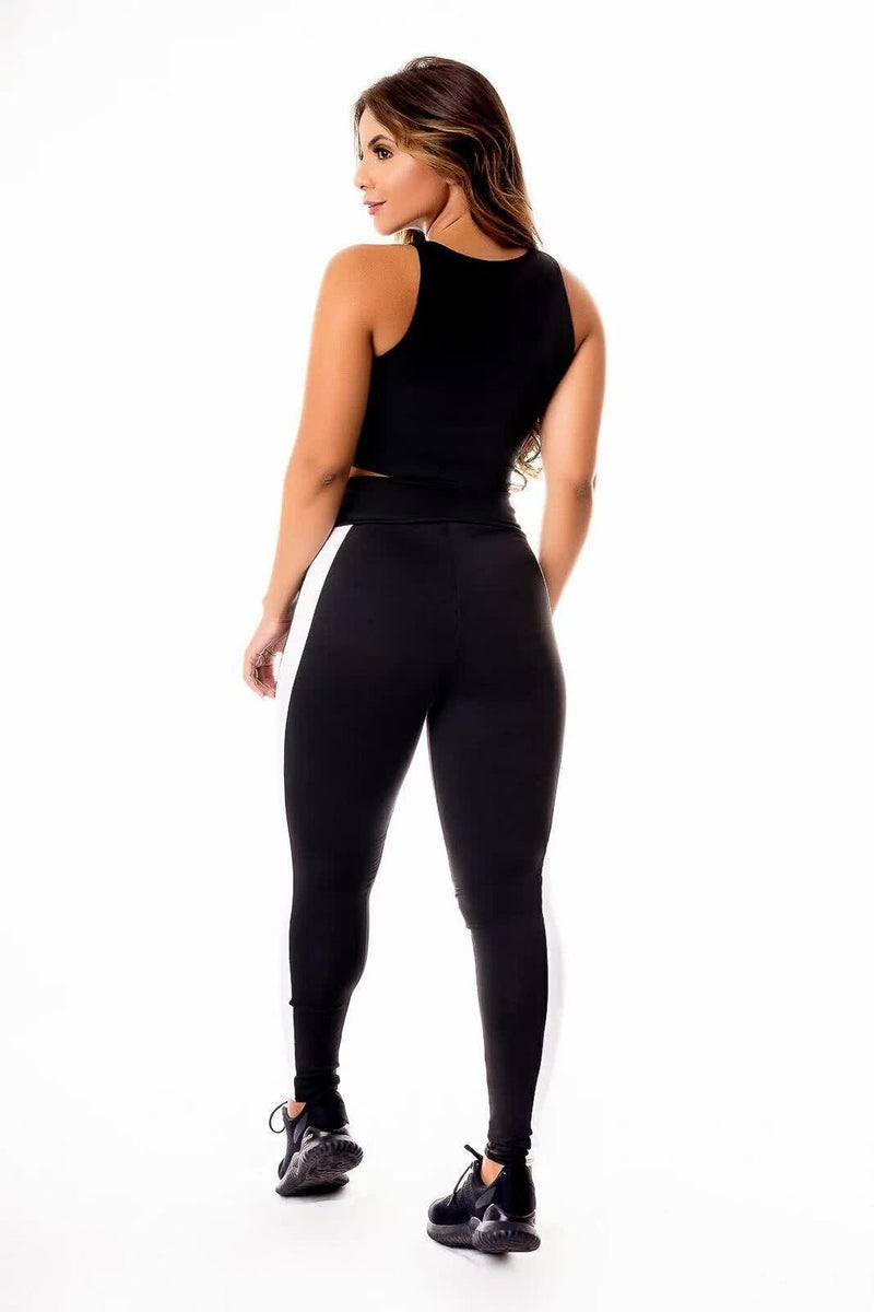 Feminino Calça Legging Preta com Faixas Verde Militar e Branco Cintura Alta e Cropped Regata Academia Conjunto Fitness