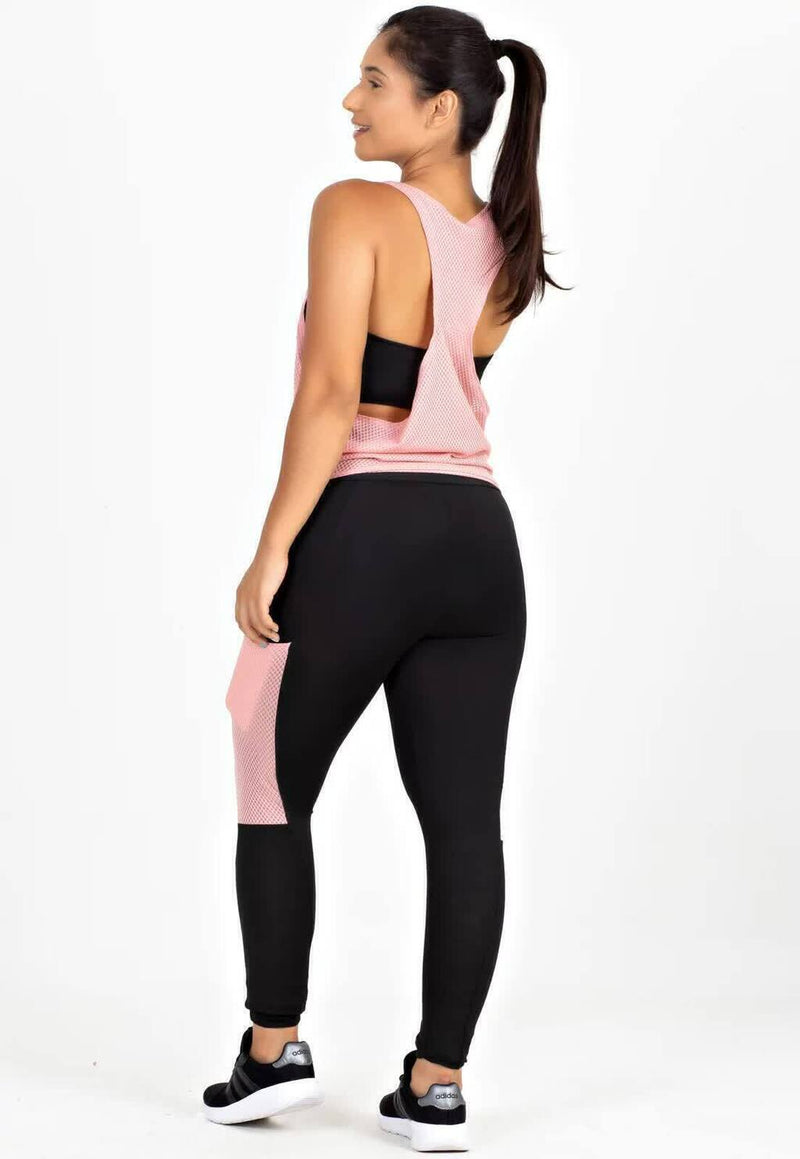 Conjunto Feminino Fitness Regata Tela Rosa Com Top Tomara que Caia e Calça Legging Com Bolso