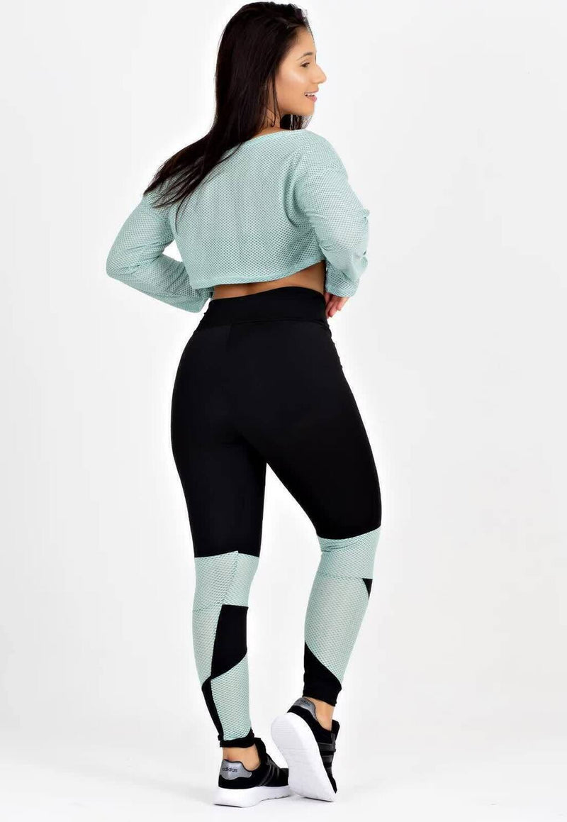 Cropped Em Tela + Calça Legging Com Detalhe Verde Conjunto Metamorfose