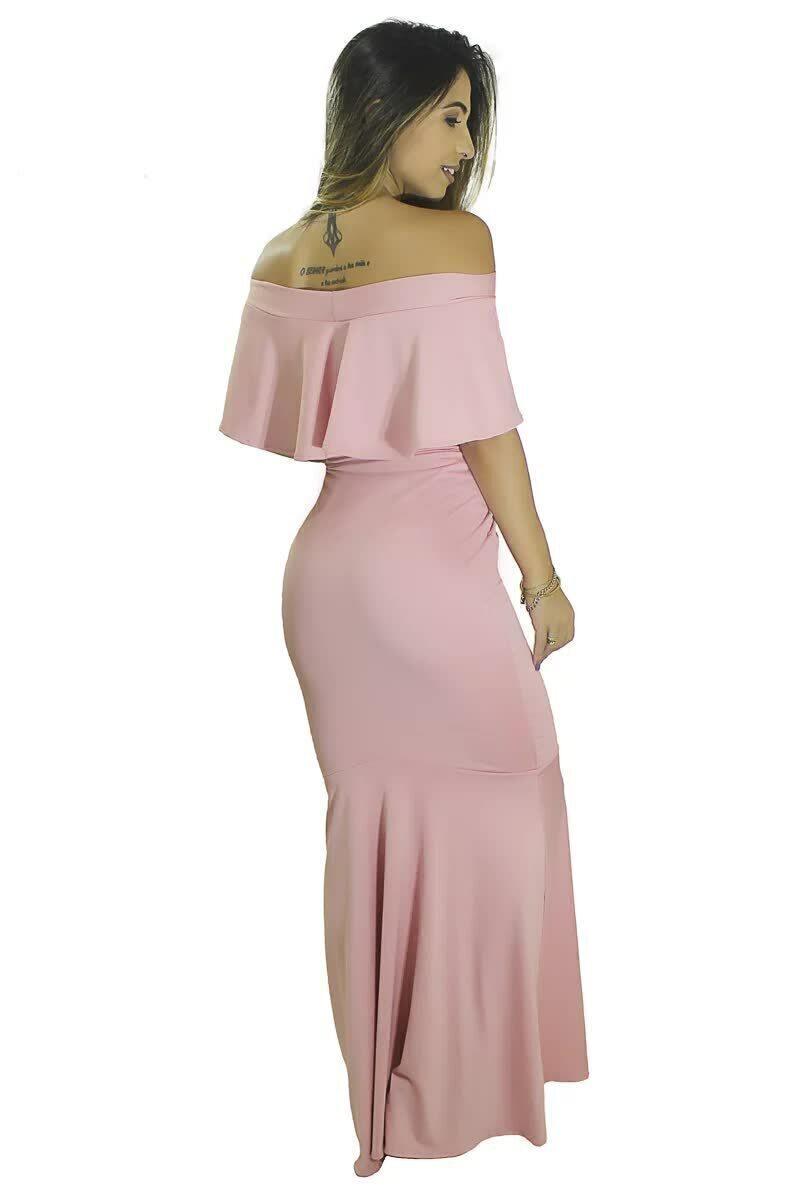 Vestido Feminino Longo Ombro a Ombro Com Babado e Rabo De Sereia Rosa