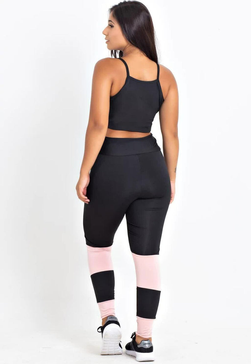 Feminino Cropped Transparencia Calça Preto com Rosê Conjunto Fitness