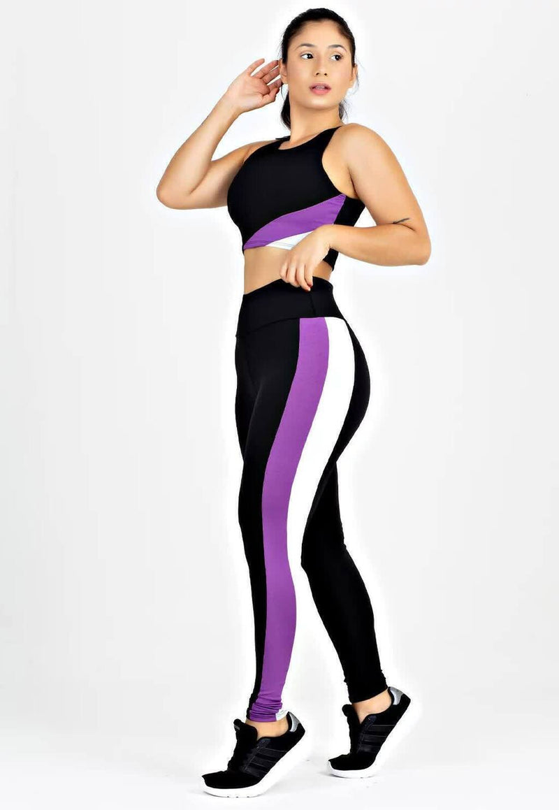 Conjunto Fitness Feminino Cropped Preto Detalhe Roxo e Branco + Calça Legging Cintura Alta Preta Faixa Roxa e Branca