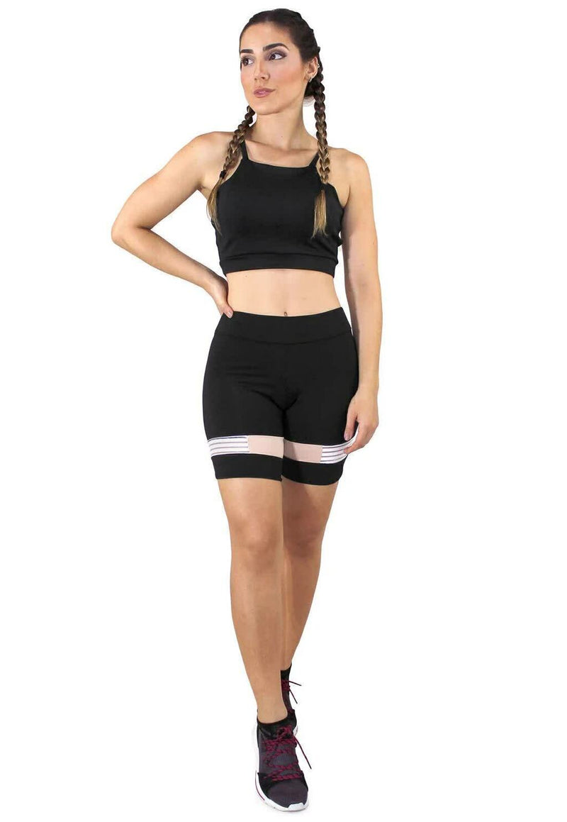 Conjunto Feminino Cropped Preto Alçinha e Short Preto Detalhe Rose