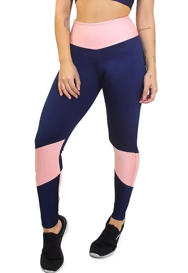 Calça Legging Feminina Cintura Alta Azul Com Detalhe Em Rosa