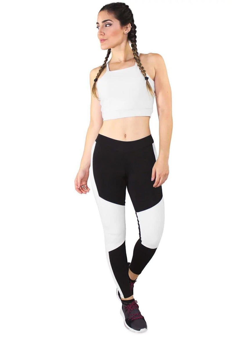 Conjunto Fitness Feminino Cropped Alcinha Branco + Calça Legging Preta Detalhe Branco