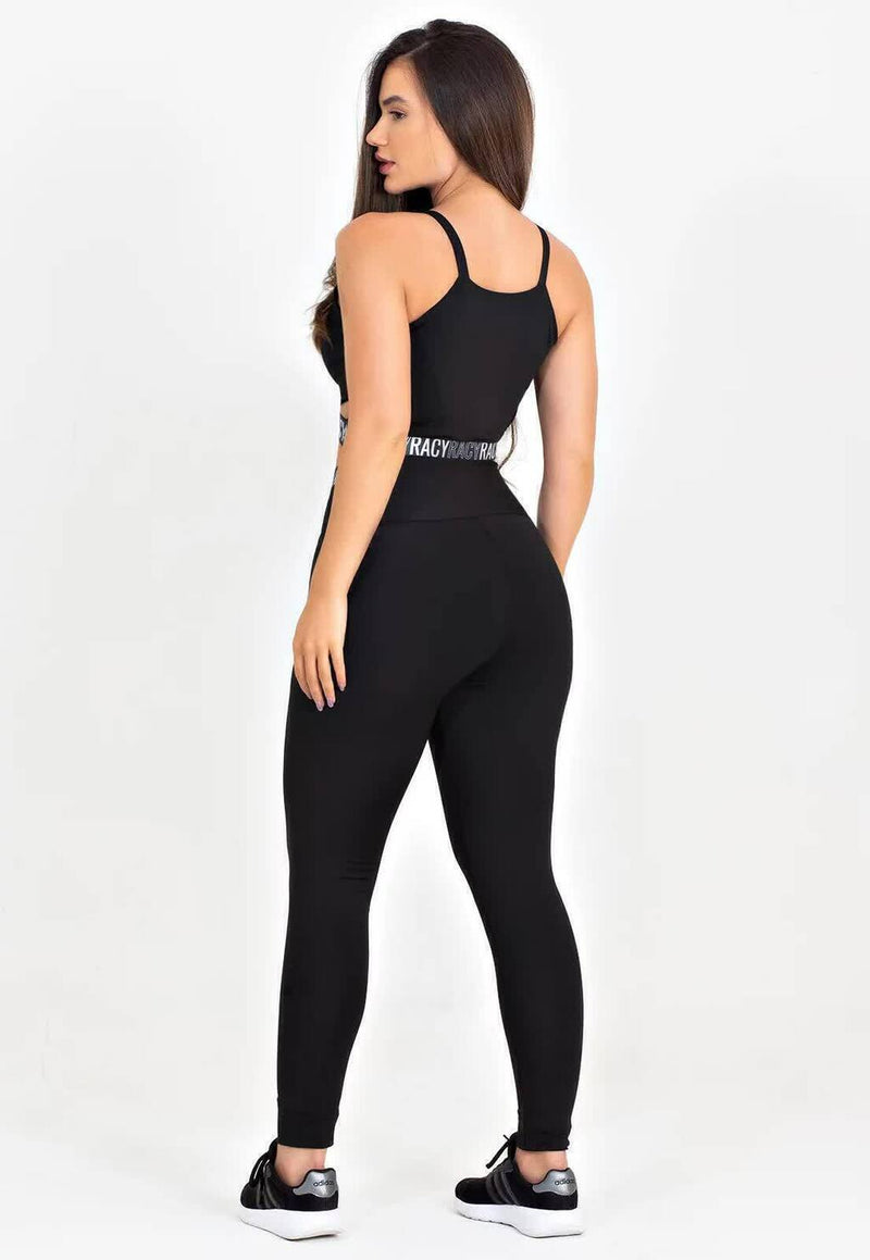 Conjunto Fitness Feminino Cropped Alcinha Preto Detalhe Elástico Preto + Cropped De Tela Manga Longa Preta + Calça Legging Cintura Alta Preta Com Elástico Preto