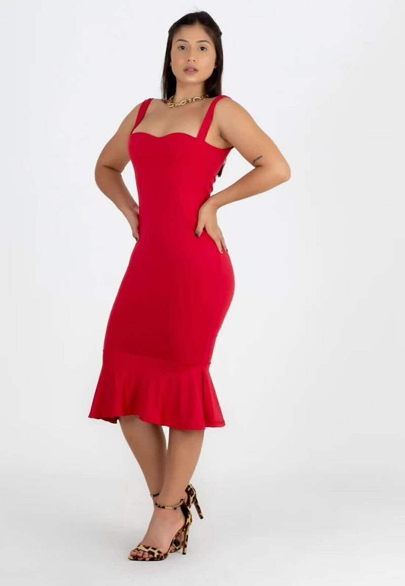 Vestido Feminino Midi Alcinha Com Babado Vermelho