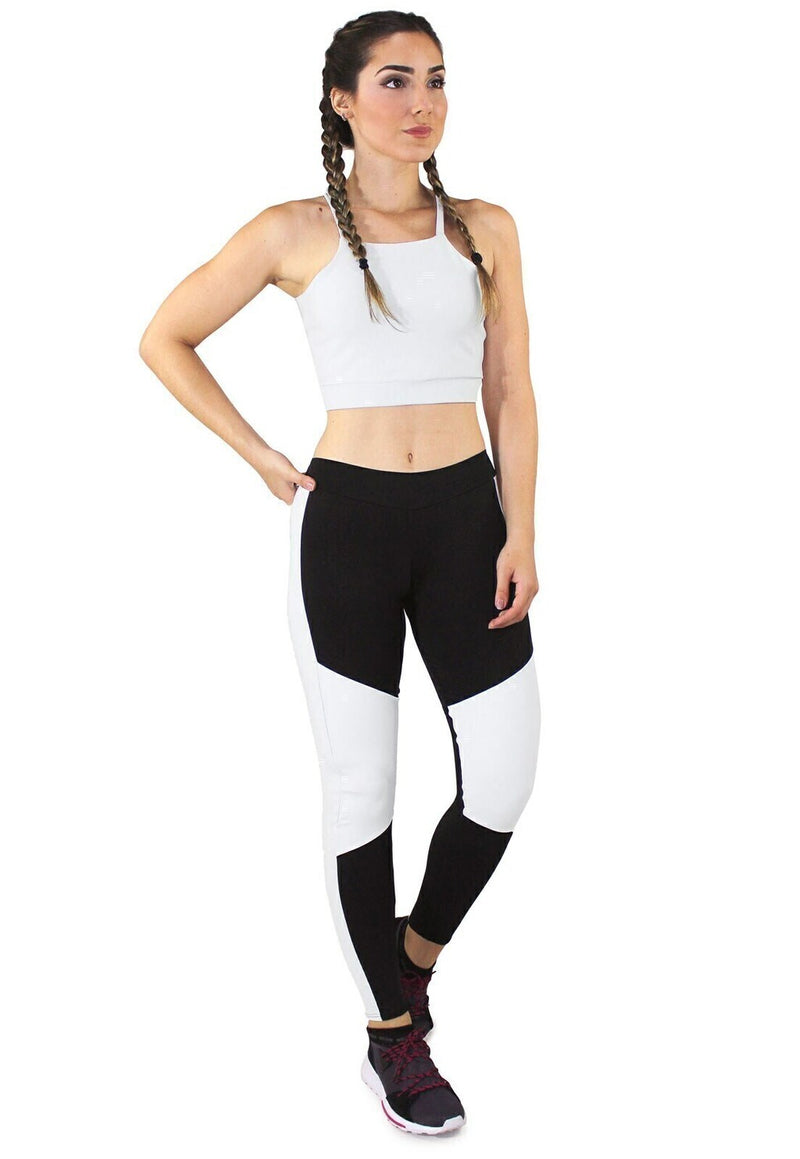 Conjunto Fitness Feminino Cropped Alcinha Branco + Calça Legging Preta Detalhe Branco