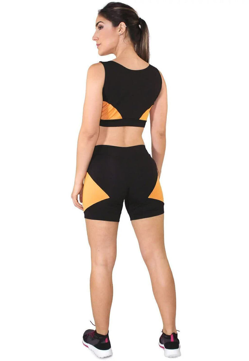 Cropped Com Faixa Amarelo + Shorts Preto Com Amarelo Conjunto Fitness